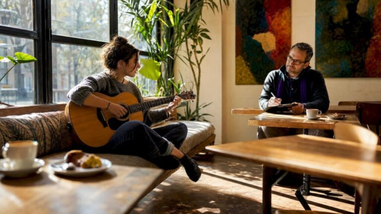 Guitarist taking skill certification exam