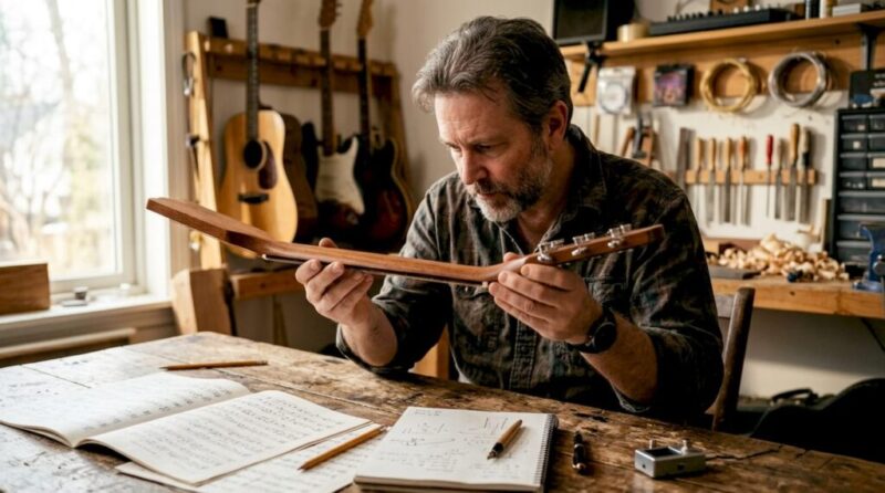 Ein Musiker nimmt zu Hause den Gitarrenhals genauer unter die Lupe.
