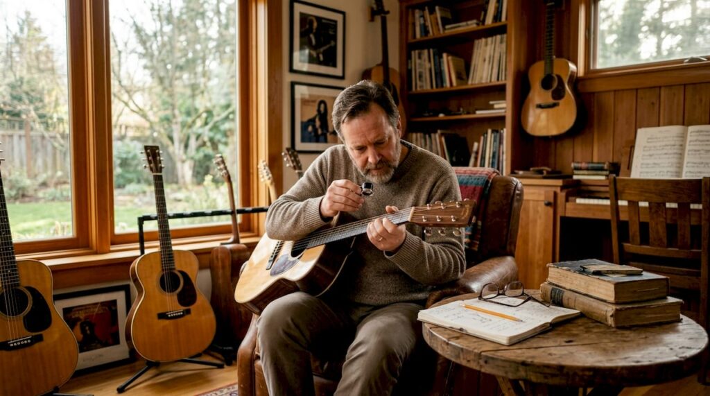 Mit einer Lupe versucht ein Mann, das Baujahr seiner Gitarre herauszufinden.