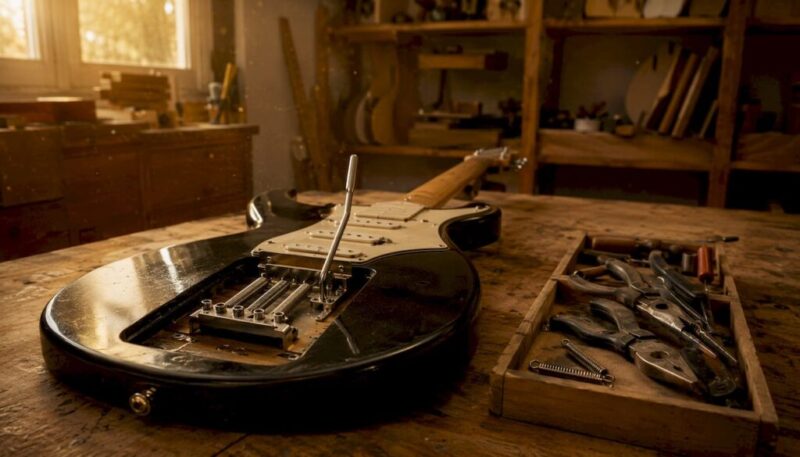 Nahaufnahme des Tremolo-Systems einer Gitarre