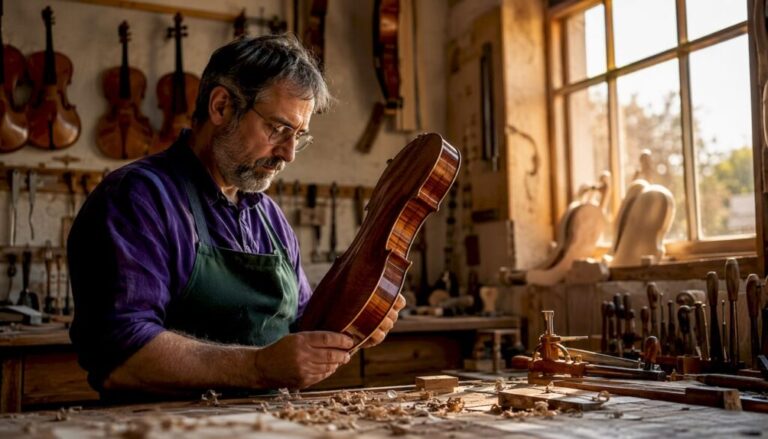 Luthier inspecting violin in workshop