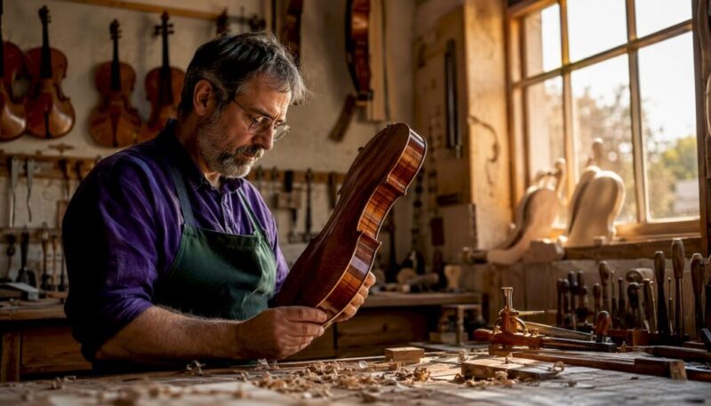 Luthier inspecting violin in workshop
