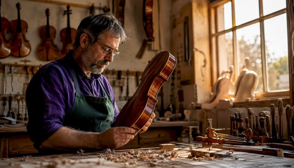 Luthier inspecting violin in workshop