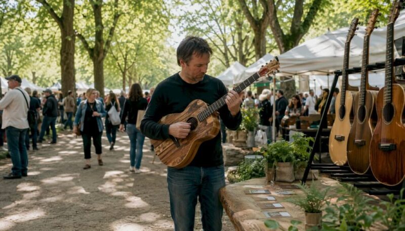 Ein Messebesucher nimmt eine handgebaute Gitarre genau unter die Lupe.
