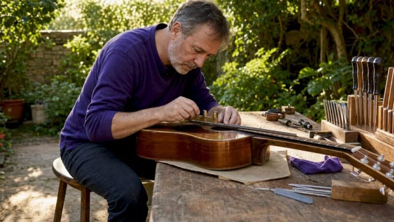 Technician measuring neck relief on rare guitar