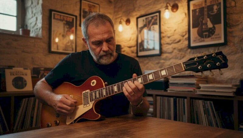 Ein Sammler begutachtet eine seltene Vintage-Gitarre ganz genau.