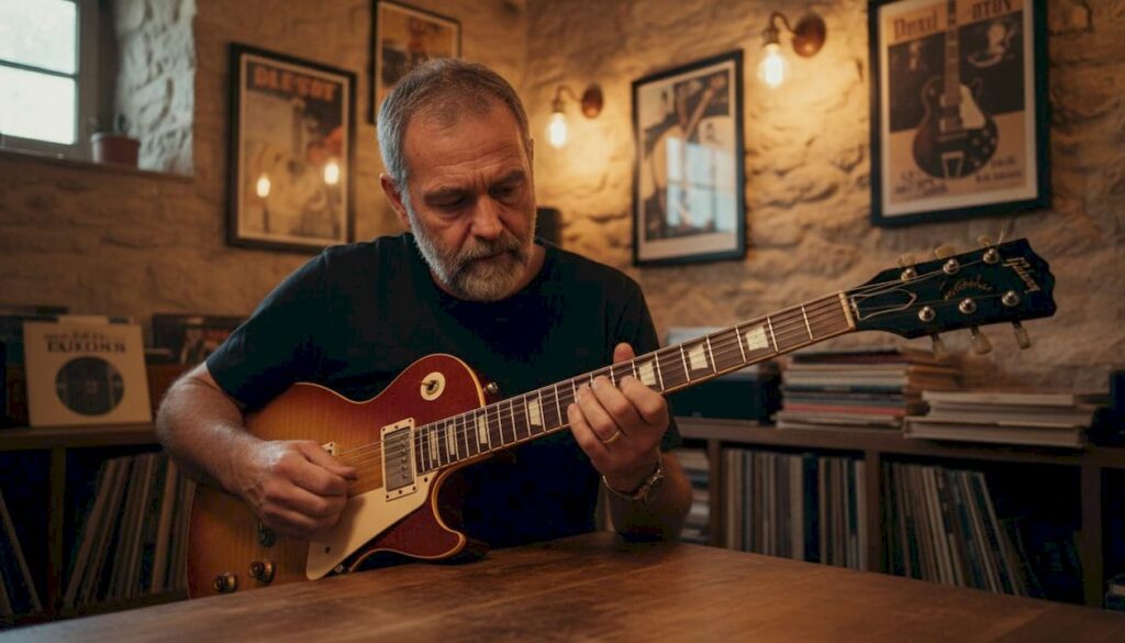 Ein Sammler begutachtet eine seltene Vintage-Gitarre ganz genau.