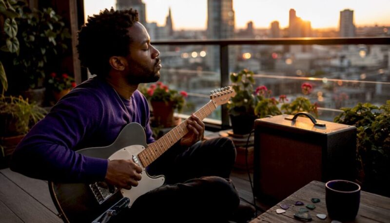 Guitarist playing sustained note in studio