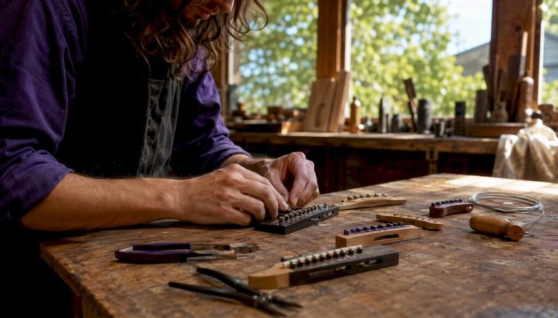 Hands adjusting assorted guitar bridges