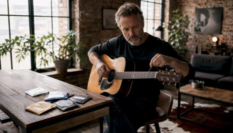 Zu Hause bringt der Gitarrist neue Saiten auf seine Gitarre auf.