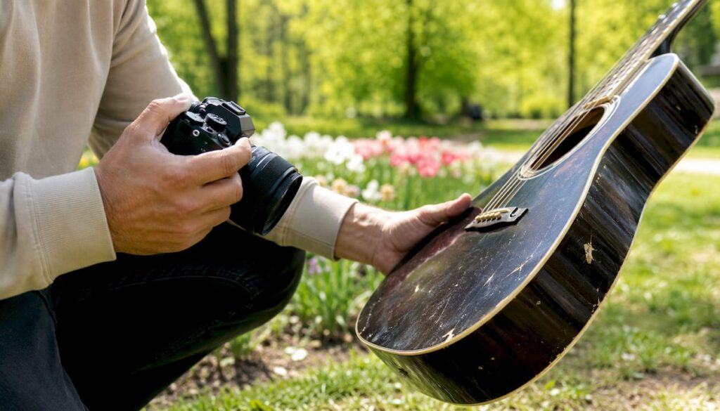 Mit dem Smartphone werden kleine Mängel an einer Gitarre fotografisch festgehalten.