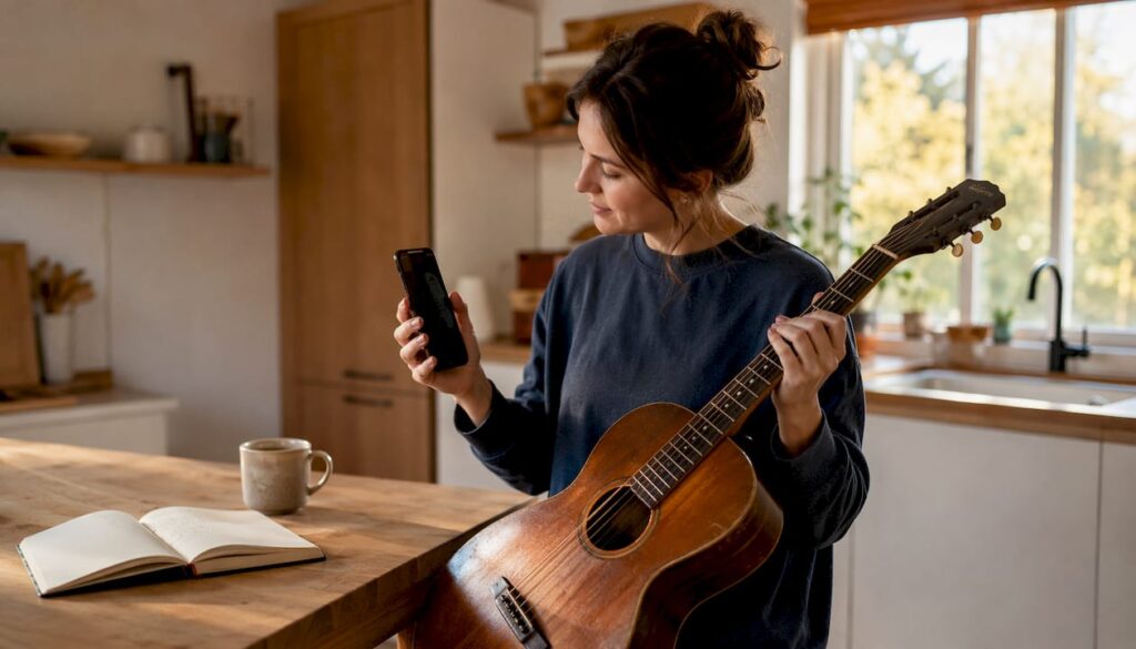 Eine Frau begutachtet eine Gitarre per Videoanruf bequem von ihrem Wohnzimmer aus.