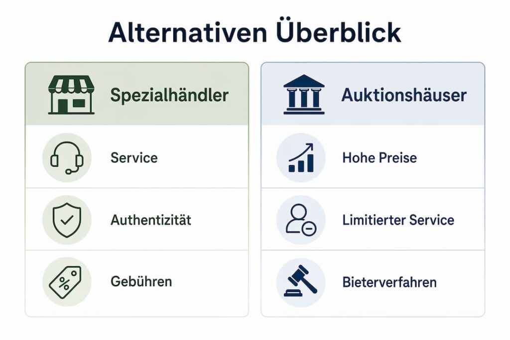 Die Infografik zeigt die Unterschiede zwischen Fachhändlern und Auktionshäusern auf.
