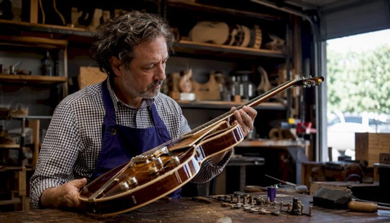 Expert inspecting vintage guitar closely