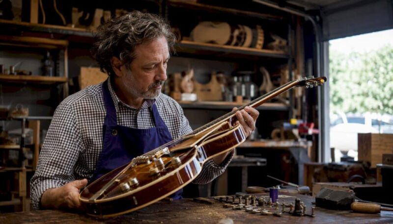Expert inspecting vintage guitar closely