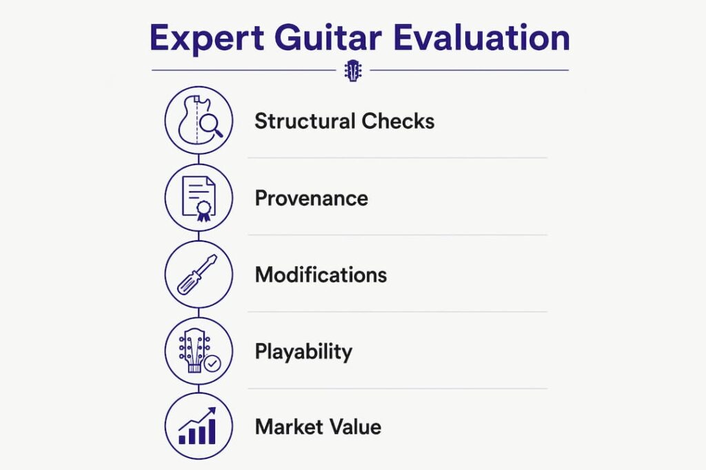 Infographic showing expert guitar evaluation steps with icons