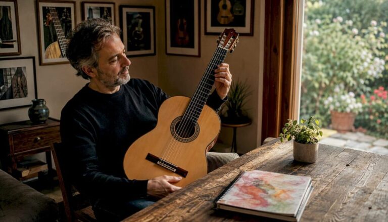Ein Mann probiert im Wohnzimmer eine Flamencogitarre aus.