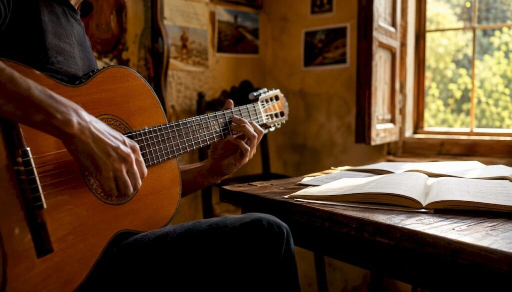 Nahaufnahme: Hände begutachten eine Flamenco-Gitarre