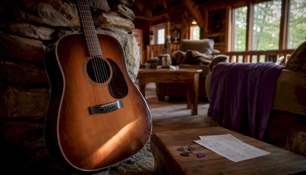 Close-up of dreadnought acoustic guitar body