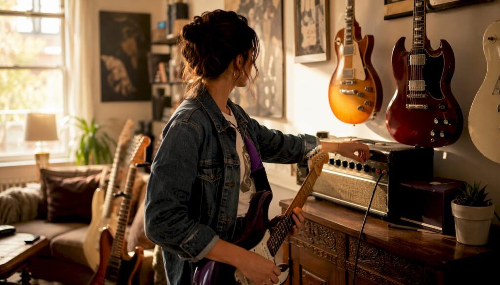 Guitarist choosing electric guitar in recording studio