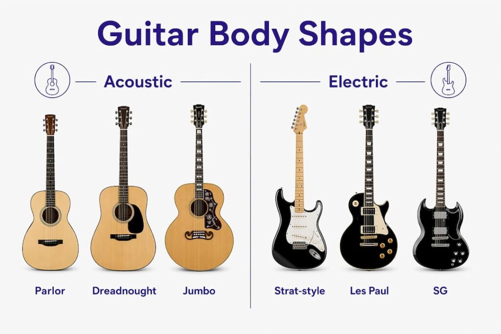 Infographic comparing acoustic and electric guitar body shapes