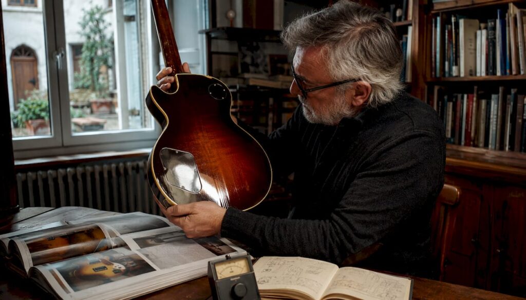 Ein Sammler nimmt eine Vintage-Gitarre ganz genau unter die Lupe.