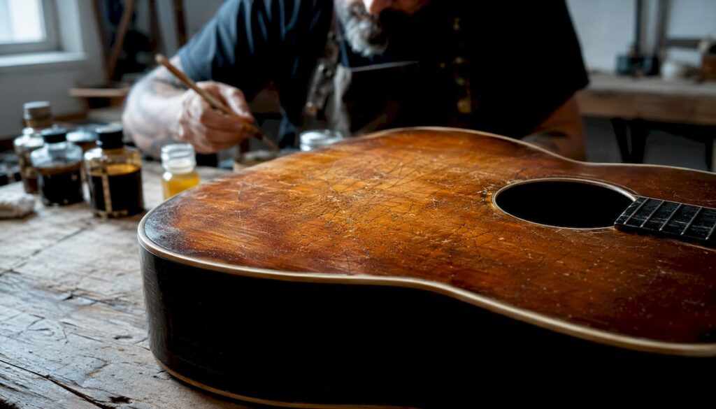 Detailaufnahme einer lackierten Gitarrendecke mit sichtbarer Patina