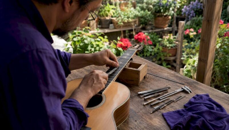 Close-up of hands working on guitar frets