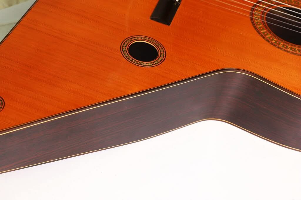 Nahaufnahme des Korpus der „Gran Klassische Gitarre“ von Raimundo y Aparicio Corujo, die die Holzoberfläche, die Saiten, das verzierte Schallloch und die sanft geschwungene Kante vor weißem Hintergrund hervorhebt. Nahaufnahme des Korpus der „Gran Klassische Gitarre“ von Raimundo y Aparicio Corujo, die die Holzoberfläche, die Saiten, das verzierte Schallloch und die sanft geschwungene Kante vor weißem Hintergrund hervorhebt.