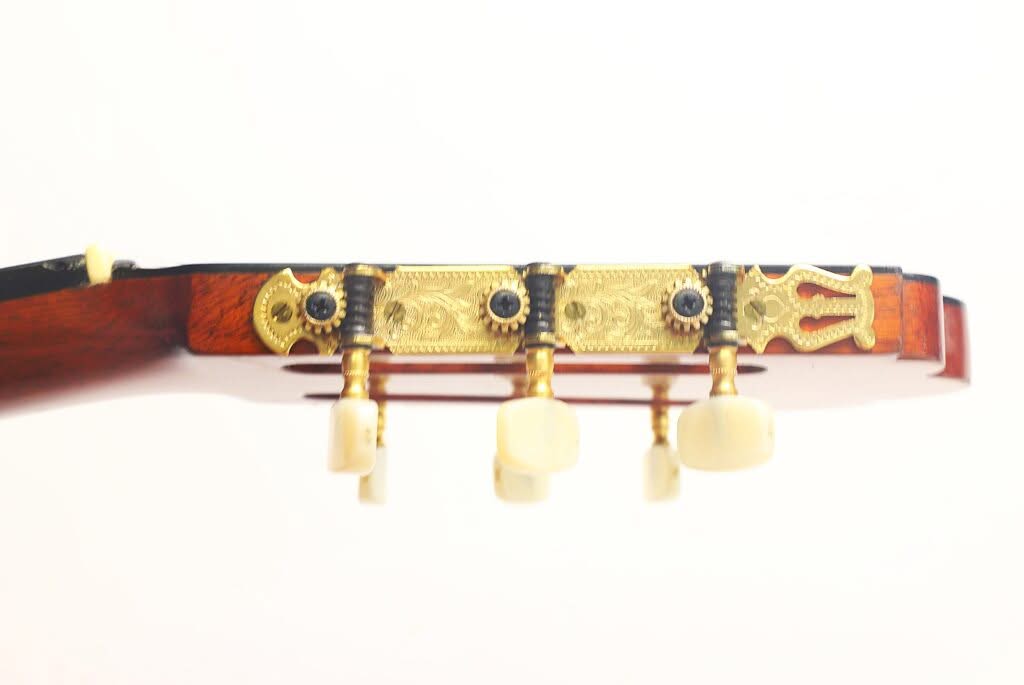 Nahaufnahme der Kopfplatte einer „Chet Atkins Klassische Gitarre“ von Juan Estruch aus dem Jahr 1971, mit kunstvoll verzierten goldenen Stimmwirbeln mit weißen Knöpfen vor weißem Hintergrund. Nahaufnahme der Kopfplatte einer „Chet Atkins Klassische Gitarre“ von Juan Estruch aus dem Jahr 1971, mit kunstvoll verzierten goldenen Stimmwirbeln mit weißen Knöpfen vor weißem Hintergrund.
