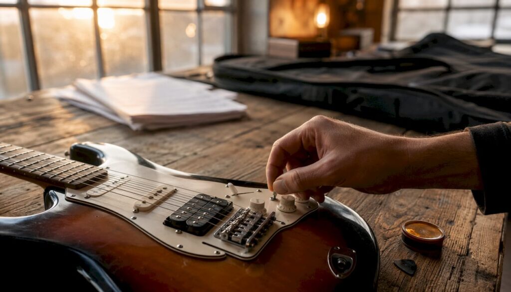 Mit der Hand wird der Pickup-Schalter an der Gitarre betätigt.