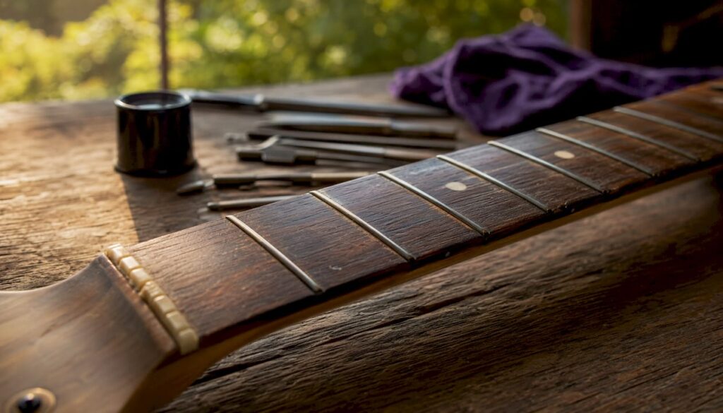 Close-up of worn guitar fret crowns