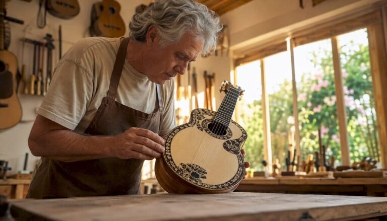 Ein Gitarrenbauer begutachtet im Atelier die Azabache-Einlegearbeit an einer Gitarre.