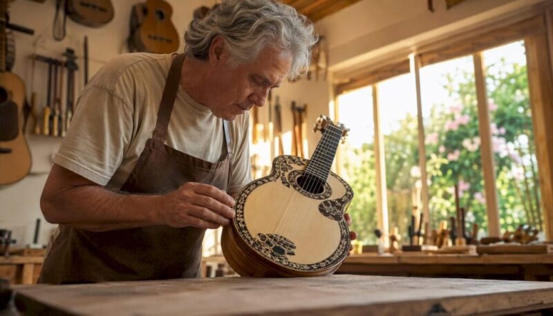 Ein Gitarrenbauer begutachtet im Atelier die Azabache-Einlegearbeit an einer Gitarre.