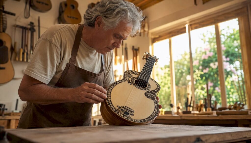 Ein Gitarrenbauer begutachtet im Atelier die Azabache-Einlegearbeit an einer Gitarre.