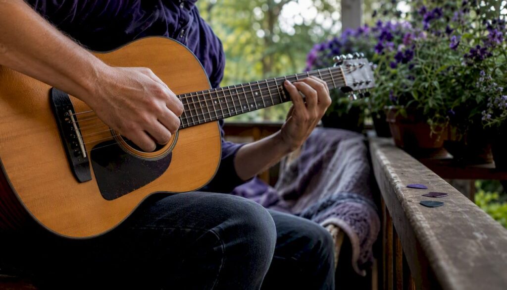 Musician plucking strings highlighting guitar back reflection