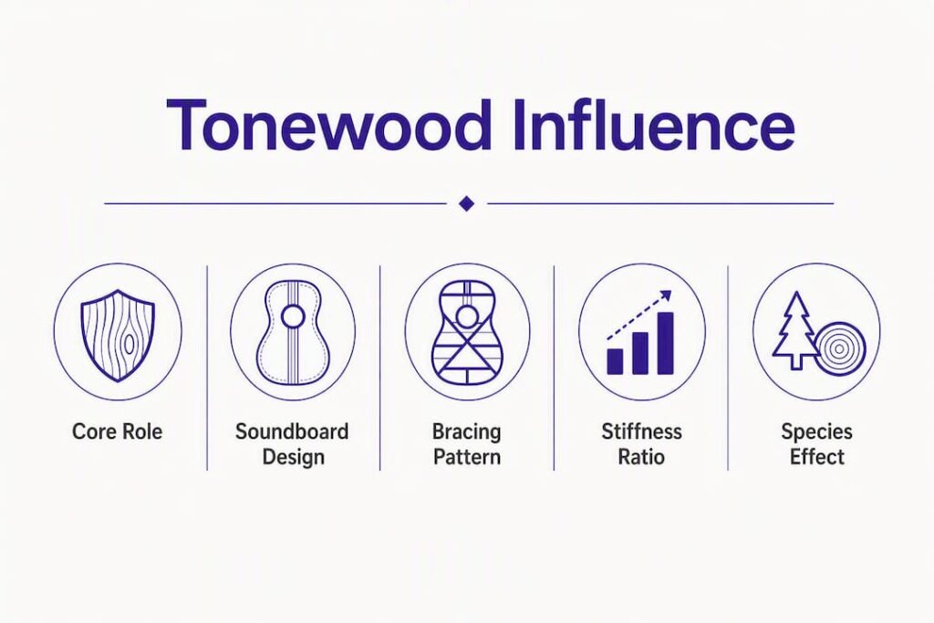Infographic illustrating tonewood factors hierarchy influencing guitar tone