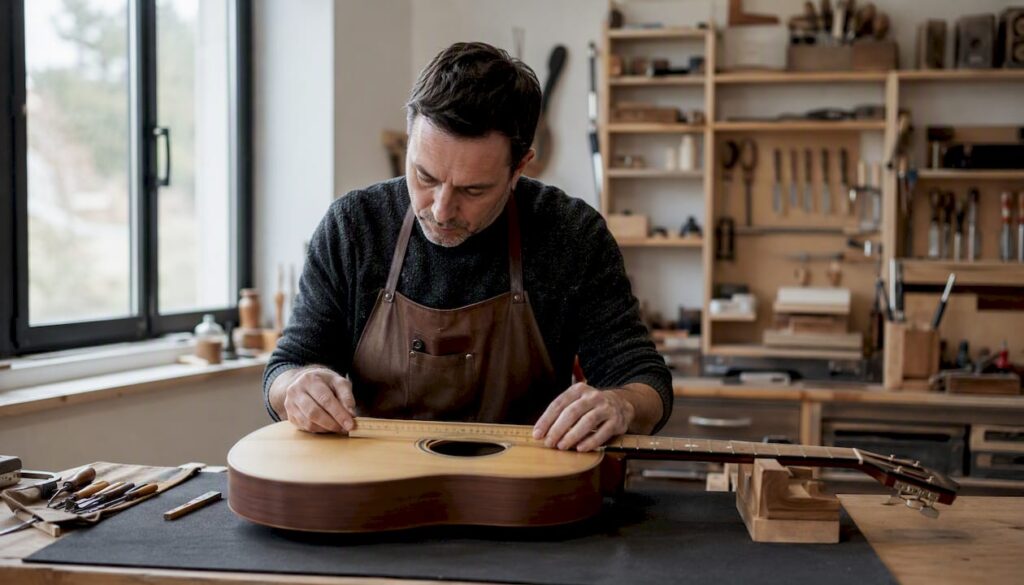 Nahaufnahme: Mit einem Lineal wird das Griffbrett einer E-Gitarre exakt vermessen.