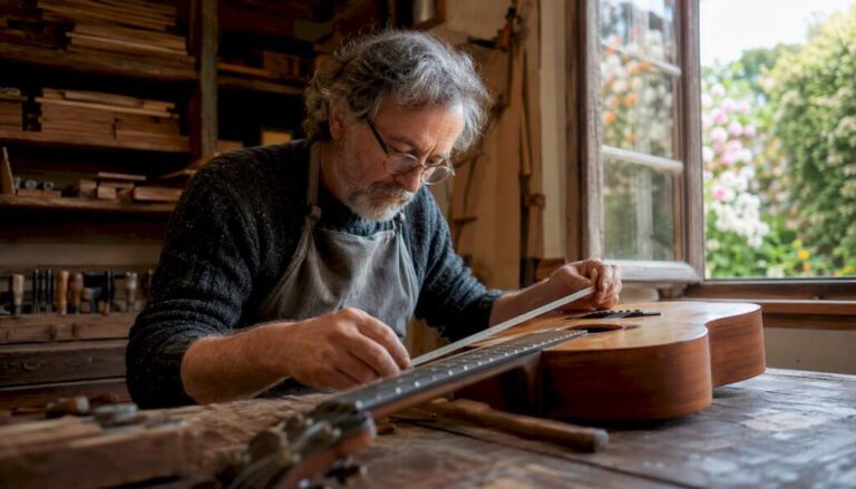 Mit geübten Händen wird auf der Werkbank die Mensur einer Gitarre genau vermessen.