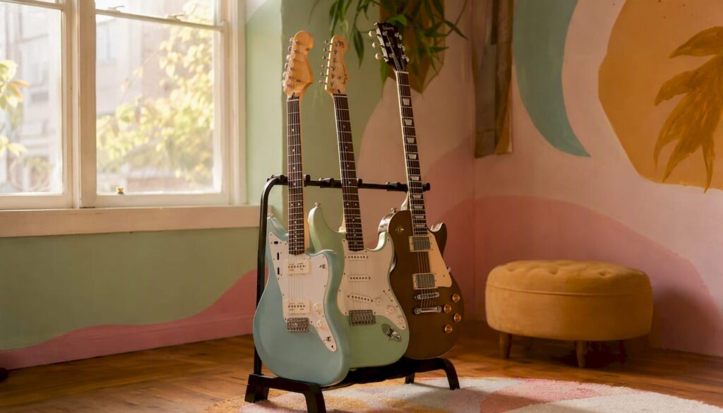 Drei Gitarren mit unterschiedlichen Mensuren im direkten Vergleich