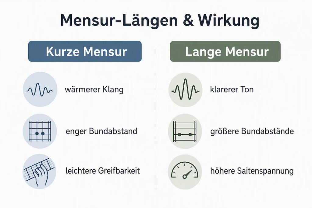 Grafische Übersicht: Wie unterscheiden sich Gitarren mit kurzer und langer Mensur?