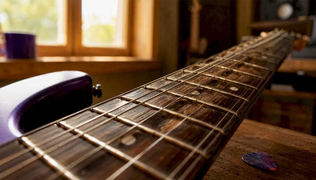 Close-up of worn metal guitar frets and strings