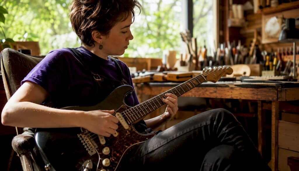 Luthier testing guitar playability in workshop