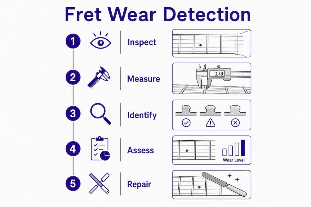 Infographic showing steps to identify fretboard wear