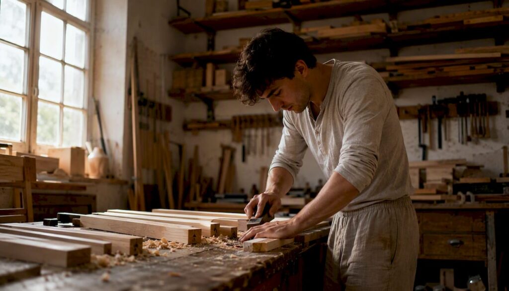 Ein Gitarrenbauer bearbeitet Holzleisten, um sie als Verstrebung für eine Gitarrenleiter vorzubereiten.