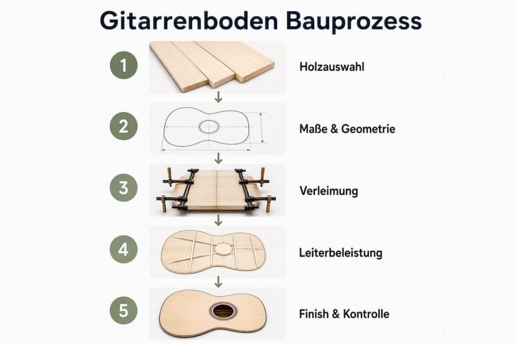 Eine anschauliche Infografik veranschaulicht Schritt für Schritt, wie der Boden einer Gitarre gefertigt wird.