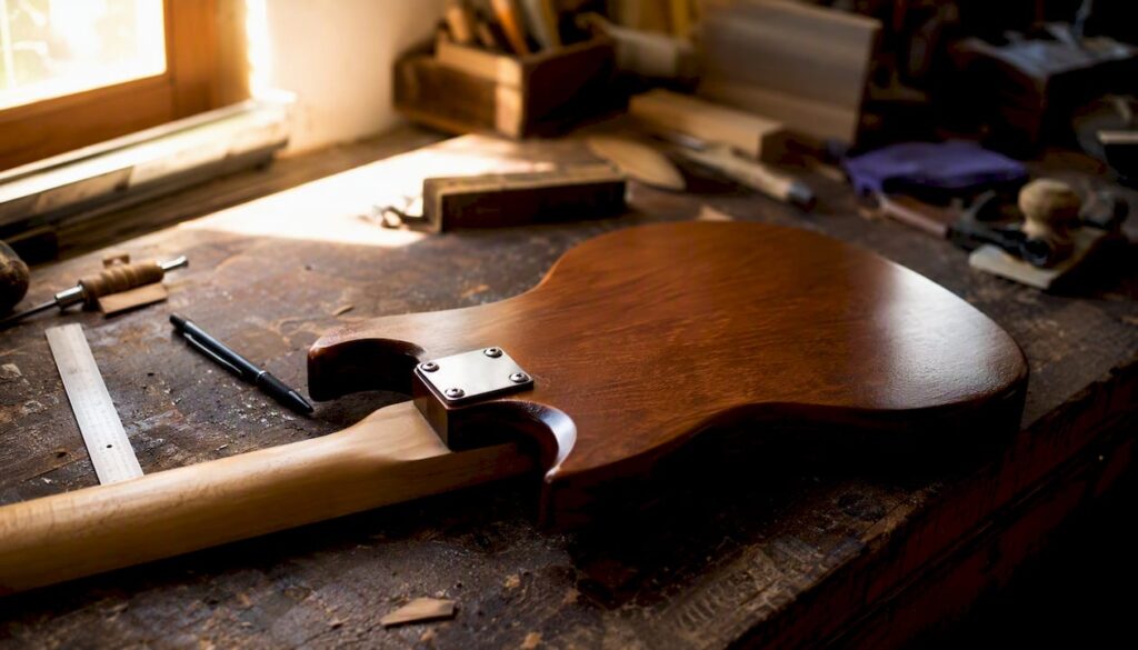 Close-up of bolt-on guitar neck joint on workbench