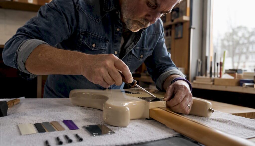 Person adjusting bolt-on guitar neck screws at home bench