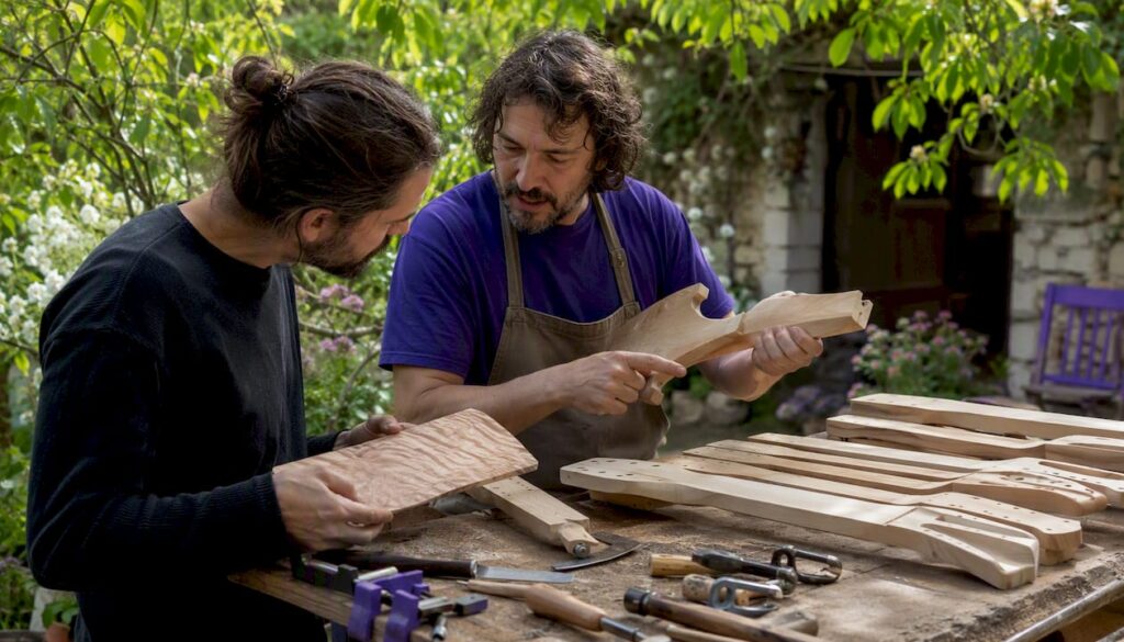 Luthiers inspecting guitar neck materials and heel shapes