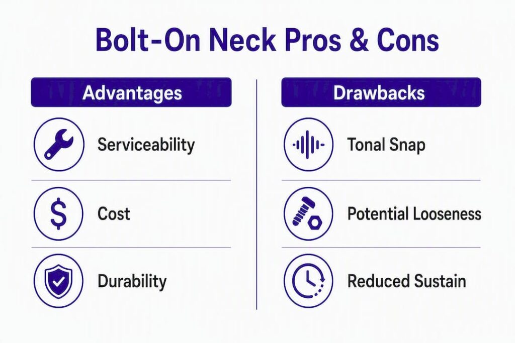 Infographic comparing bolt-on neck advantages and drawbacks